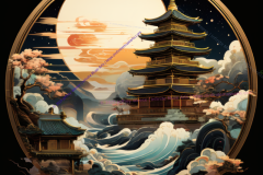 Moonlit Pagoda: Serenity Among the Swirling Tides