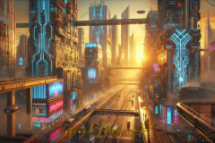 Neon Horizon – Cyberpunk Cityscape Aglow at Golden Hour