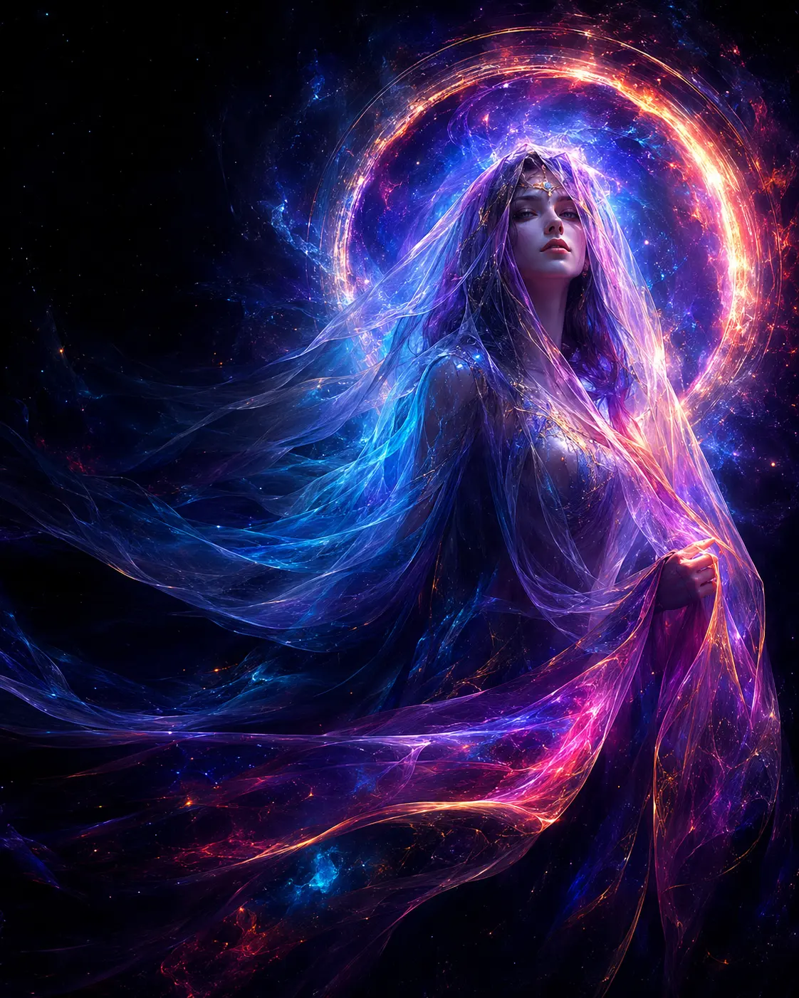 A spectral guardian emerging through luminous veils and a celestial portal