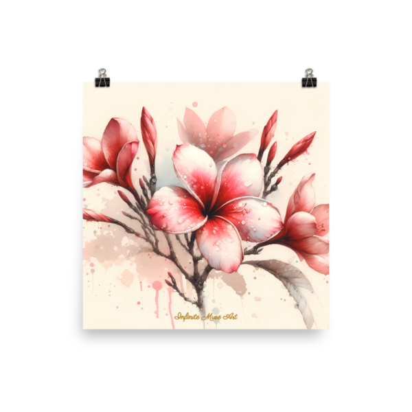 Solitary Bloom: Red Frangipani Floral Watercolor Art Print (18x18in)