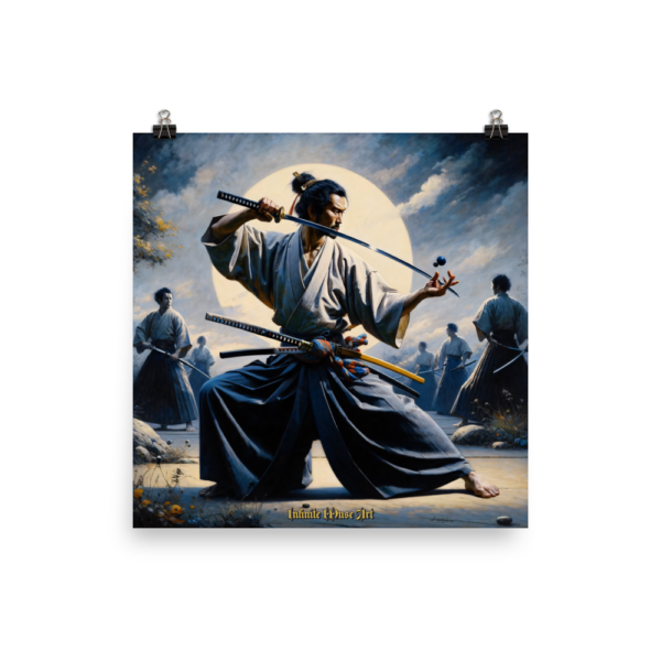 Moonlit Mastery – 18x18in Japanese Samurai Training Art Print on Poster Paper