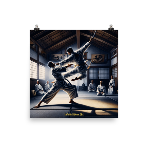 Dojo Duel: Moment of Impact – 18x18in Japanese Martial Arts Training Art Print on Poster Paper