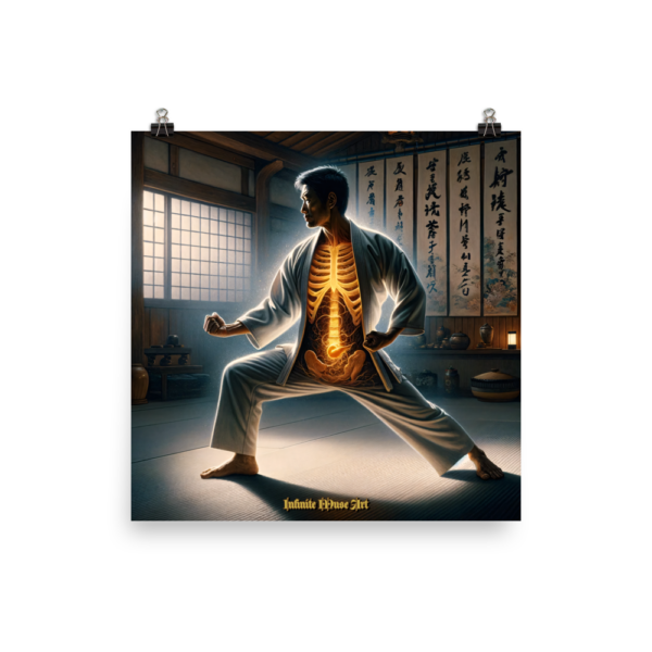 Radiant Core: Enlightened Warrior in Traditional Japanese Dojo – 18x18in Poster