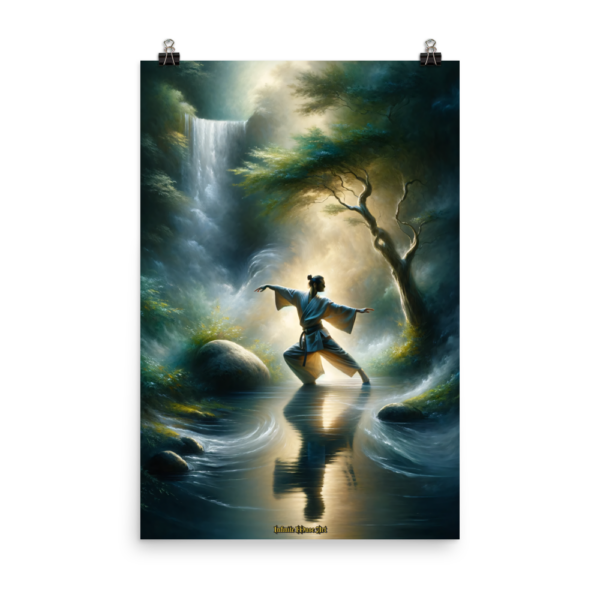 Mystic Cascade: A Japanese Warrior's Dance at Dawn 24x36