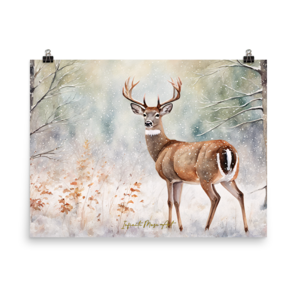 Winter's Sentinel: Majestic Deer in Snowy Forest – 18x24in Japanese Poster-Paper Print