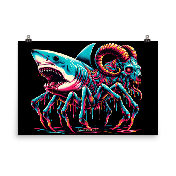 Surreal Monster Hybrid: Shark, Ram, and Crustacean Art Print (24x36in) - Unique Fantasy Artwork