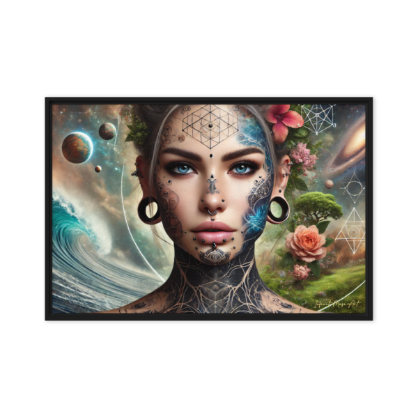 Celestial Enigma: Surreal Tattooed Portrait on Framed Canvas (24x36in)