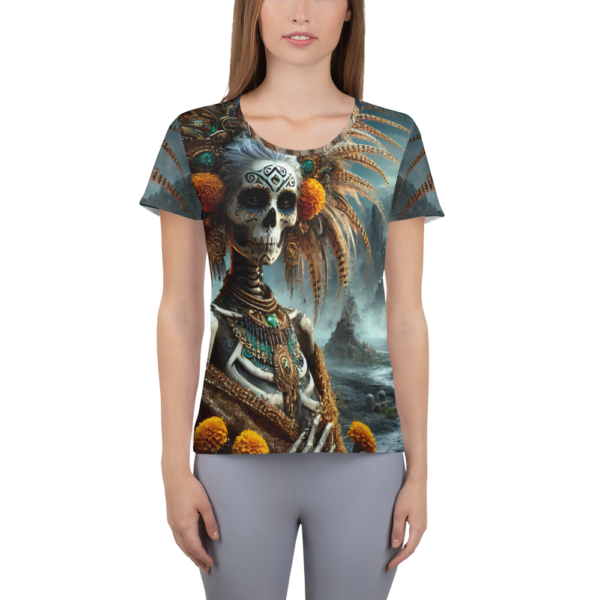 Mictecacihuatl Warrior Women's All-Over-Print Athletic Shirt - Moisture-Wicking & Stretch Mesh for Combat Sports & Outdoor Enthusiasts