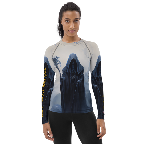 Harbinger of Shadows Women's Long Sleeve Rash Guard – Combat & Outdoor Sportswear with UPF 50+ | 'Reap What You Sow'