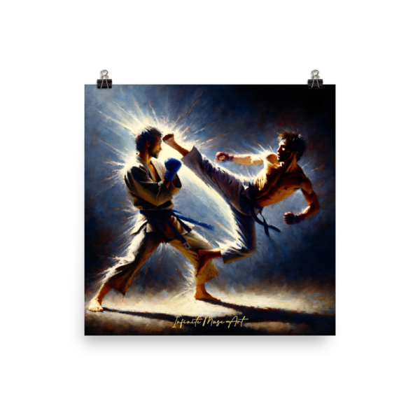 Ethereal Clash: Dynamic Martial Arts Duel – 18x18 Japanese Poster Print