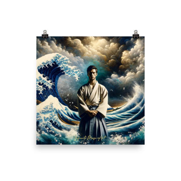 Serene Samurai: Mystical Wave Meditation - 18x18in Japanese Poster-Paper Print