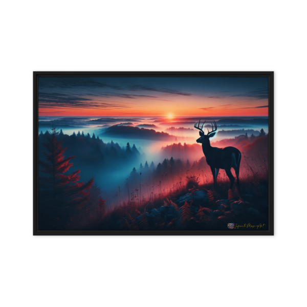 Misty Majesty: Framed 24x36in Canvas Print with Floating Pine Tree Frame - Serene Sunrise with Deer