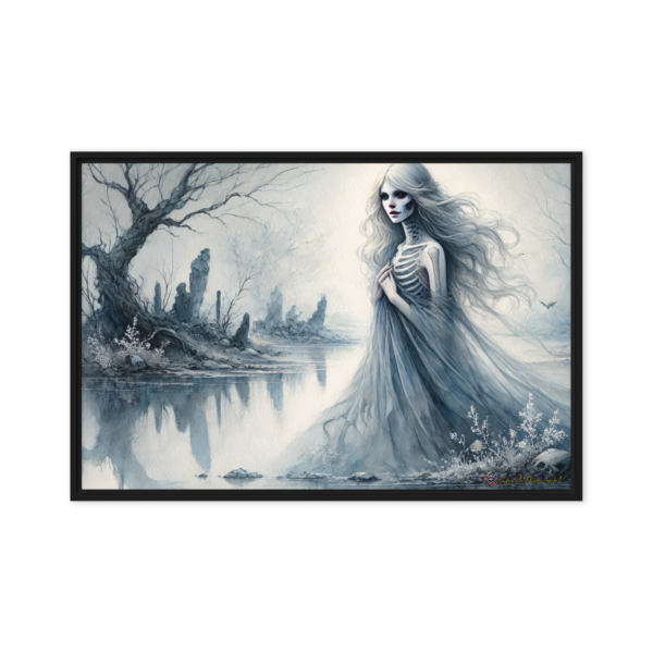 Premium Gothic Ethereal Skeleton Lady Framed Canvas Print - 24x36in Pine Wood Frame | Dark Fantasy Wall Art