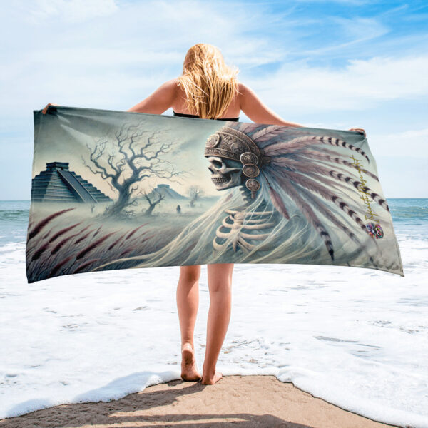 Mictlantecuhtli’s Vigil Beach Towel – 30x60in Super Soft Gothic Aztec God of Death Design