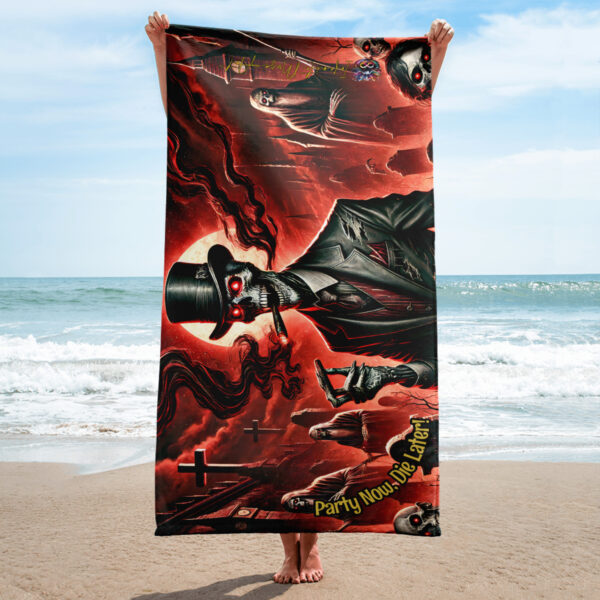 Lord of the Crimson Requiem Beach Towel | 30x60in Gothic Horror Towel with Quote 'Party Now, Die Later!' - Super Soft & Cozy - Image 2