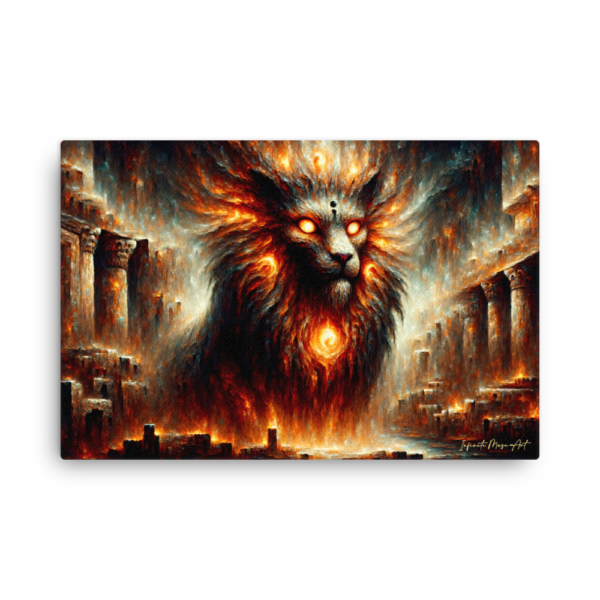 Inferno Guardian: 24x36in Thin Frameless Canvas Print - Majestic Mystical Feline Art