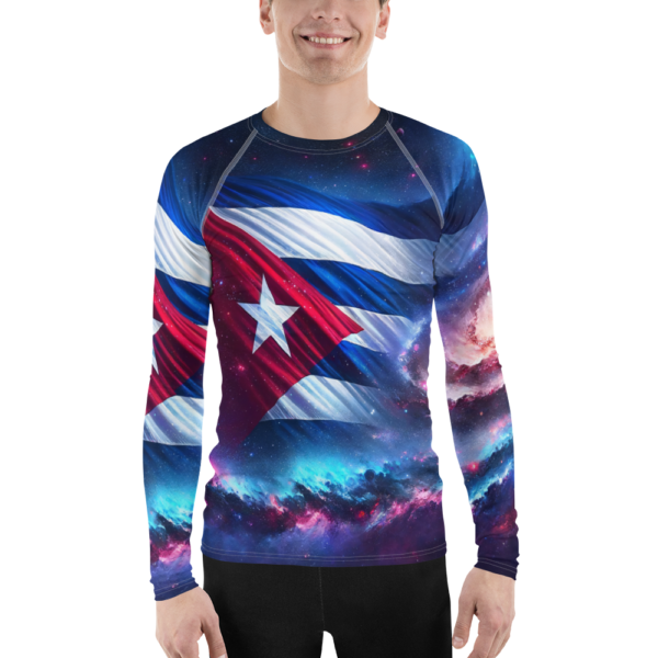 Men’s Long Sleeve Rash Guard | Cosmic Cuban Flag Design | Combat & Outdoor Sports Gear with UPF 50+ Protection