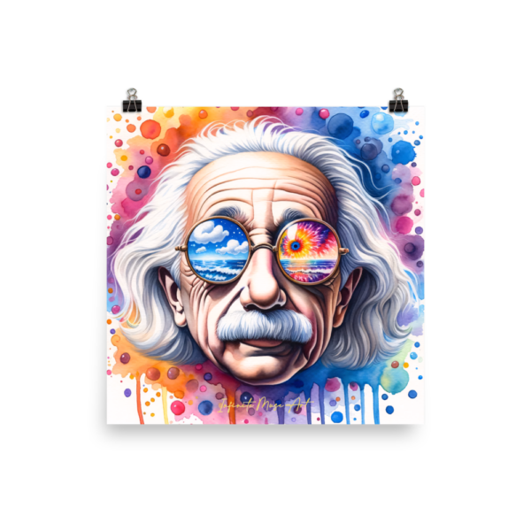 Cosmic Reflections: 18x18in Japanese Poster Paper Print – Surreal Einstein Portrait Wall Art