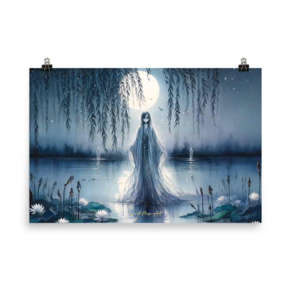 Spectral Serenity - Moonlit Lakeside Japanese Poster Print 24x36in