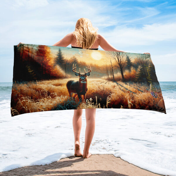 Autumn Sentinel Beach Towel – Majestic Deer in Frosty Meadow, 30x60in Super Soft Towel