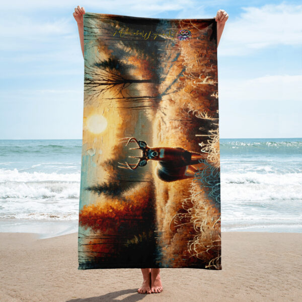 Autumn Sentinel Beach Towel – Majestic Deer in Frosty Meadow, 30x60in Super Soft Towel - Image 2