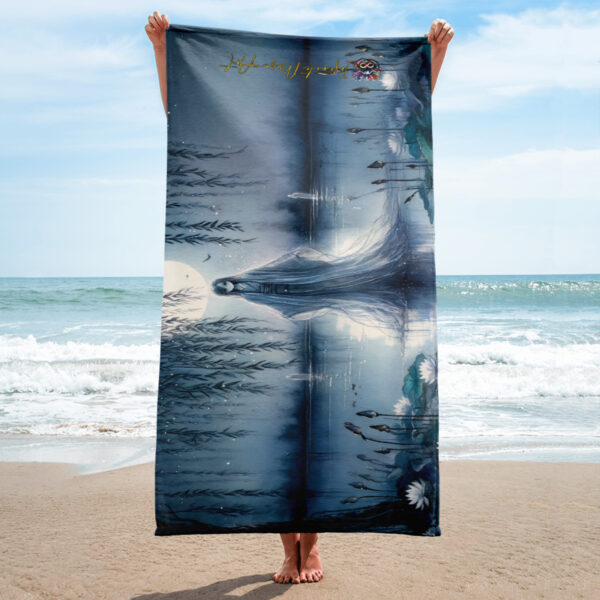 Spectral Serenity Moonlit Lakeside Art Beach Towel - Image 2