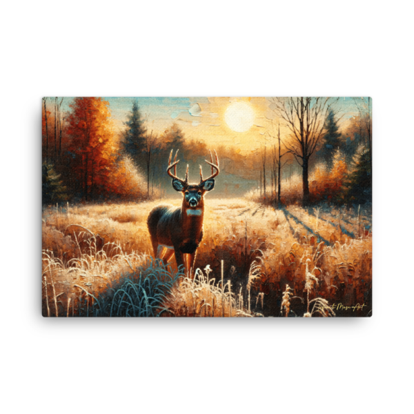 Autumn Sentinel: Majestic Deer in Frosty Meadow - 24x36in Thin Frameless Canvas Print