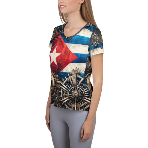 Cuban Mechanica - Women's Athletic T-Shirt with All-Over Steampunk Print - Image 3