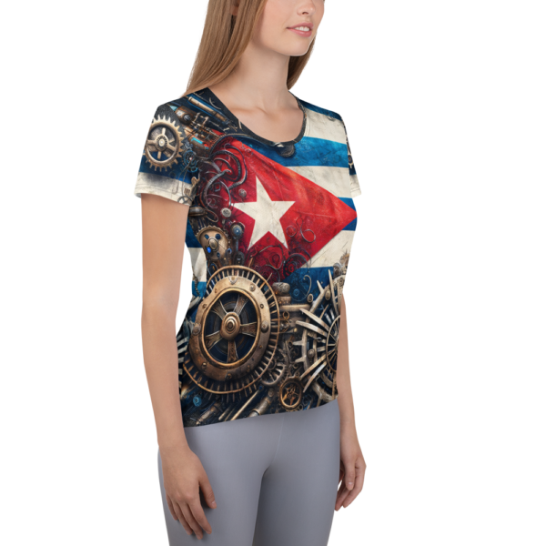 Cuban Mechanica - Women's Athletic T-Shirt with All-Over Steampunk Print - Image 4