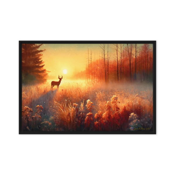 "Dawn of the Serene Stag" Framed Canvas Print (24x36in) | Nature Landscape Art