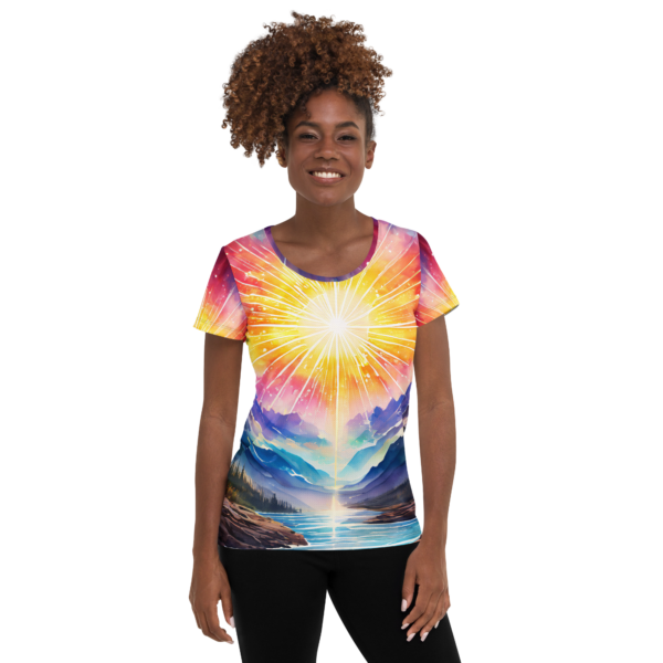 EVOKE Performance Women's All-Over Print Athletic T-Shirt – Radiant Mountain Valley Design for Activewear - Image 2