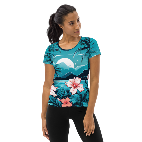 EVOKE Performance All-Over Print Women's Athletic T-Shirt - Midnight Oasis Design - Image 2