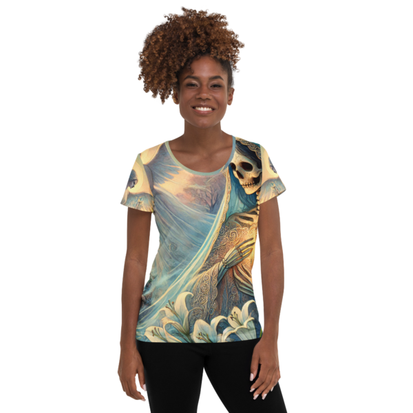 EVOKE Performance Women's All-Over Print Athletic T-Shirt - Santa Muerte Guardian Design - Image 2