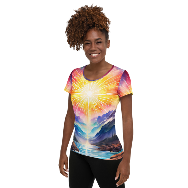 EVOKE Performance Women's All-Over Print Athletic T-Shirt – Radiant Mountain Valley Design for Activewear