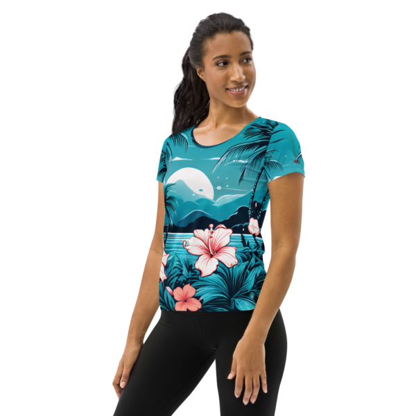 EVOKE Performance All-Over Print Women's Athletic T-Shirt - Midnight Oasis Design - Image 4