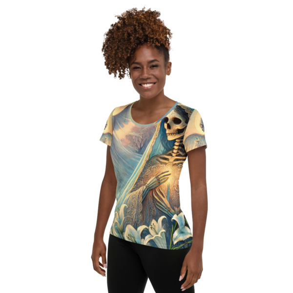 EVOKE Performance Women's All-Over Print Athletic T-Shirt - Santa Muerte Guardian Design - Image 4