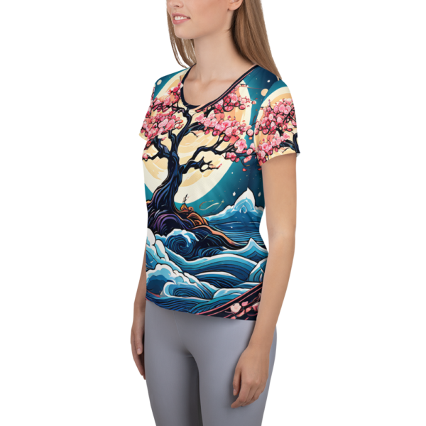 All-Over Print Women's Athletic T-Shirt – Moonlit Cherry Blossom Design for Activewear