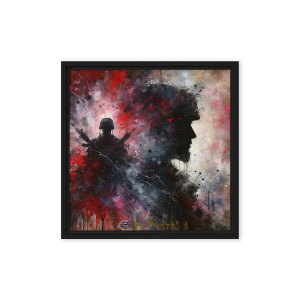 Echoes of Conflict Framed Canvas Print – 16x16in Black Frame Military Abstract Art for Home Decor