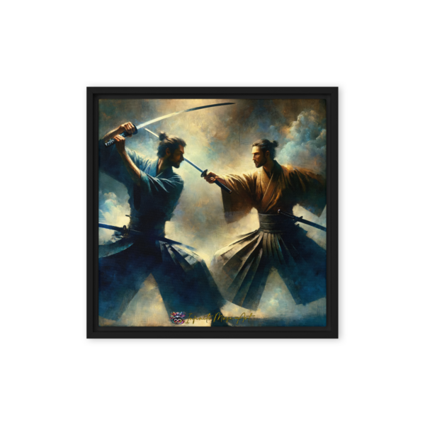 Framed Canvas Print – Samurai Duel Artwork in Black Frame (16x16in)