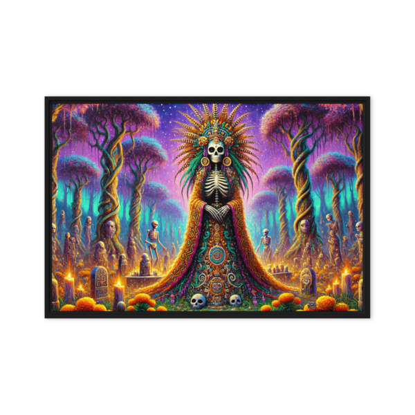 Mictecacihuatl Aztec Goddess Framed Canvas Print – 24x36in Gothic & Vibrant Underworld Art