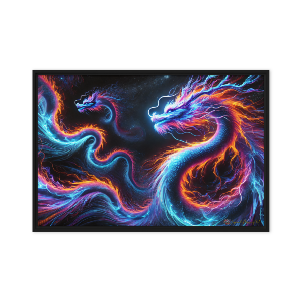 Framed 24x36in Celestial Dragon Canvas Print – Black Frame, Vibrant Mythical Art by Infinite Muse Art