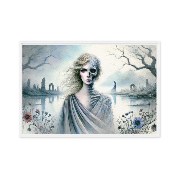 Veil of Hel Framed Canvas Print – 16x16in Pastel Gothic Art in White Frame