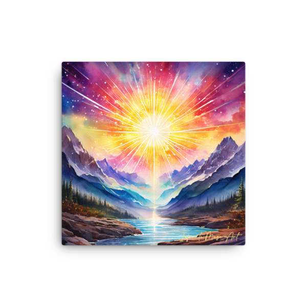 Radiant Mountain Valley Thin Canvas Print – 16x16in Sunburst Landscape Art for Home Decor