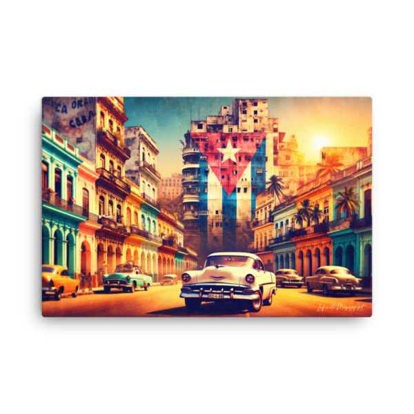 Cuban Symphony of Lights – Thin 24x36in Canvas Print – Vibrant Havana Street Scene Wall Art