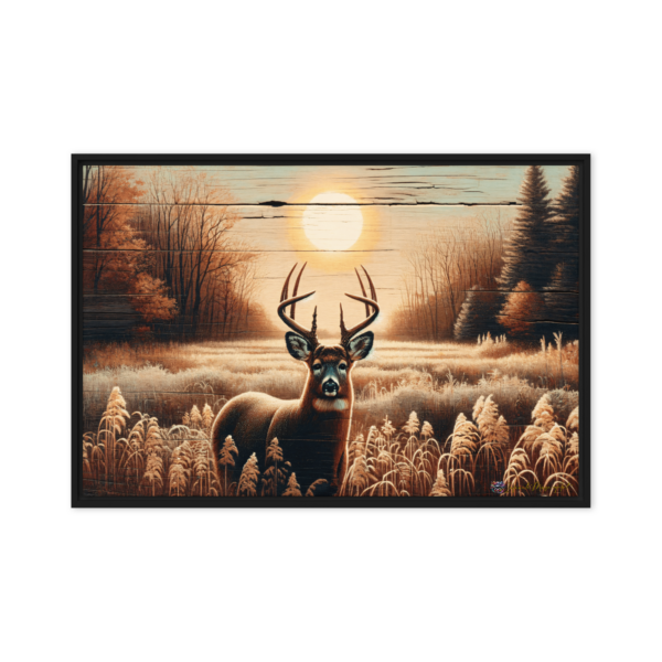 Whitetail Deer Sunrise Framed Canvas Print – 24x36in Black Frame