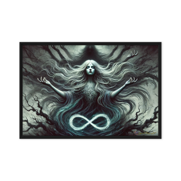 Ethereal Conduit: The Infinity Weaver – Black Framed 24x36in Canvas Print