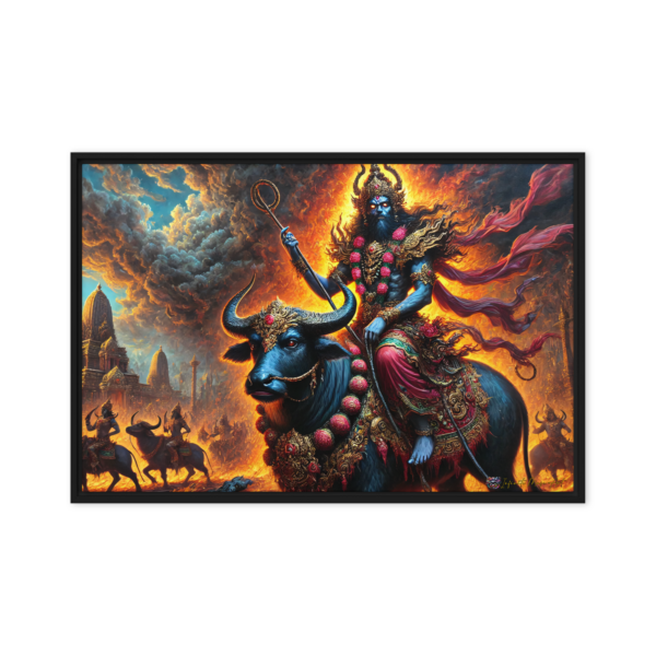 Yama: Lord of Death and Justice – Framed Canvas Print (24x36in, Black Frame)