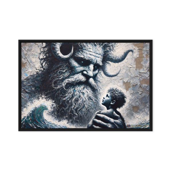 Leviathan’s Embrace: Guardian of the Tides – 24x36in Framed Canvas Print (Black Frame)